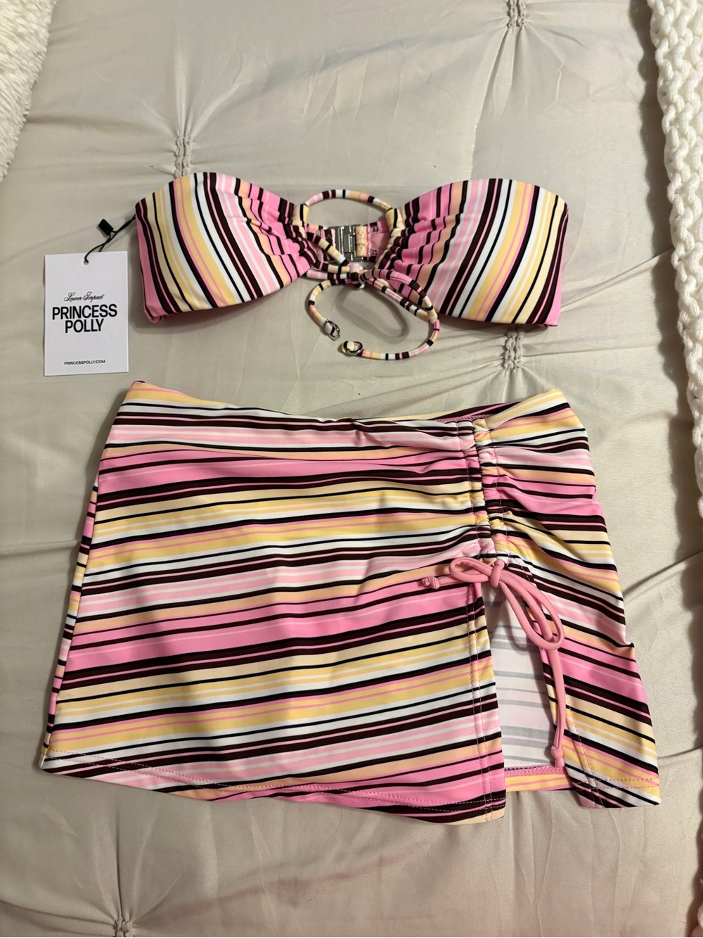 Princess Polly Pink Multi-Stripe Ruched Tie skirted bikini.